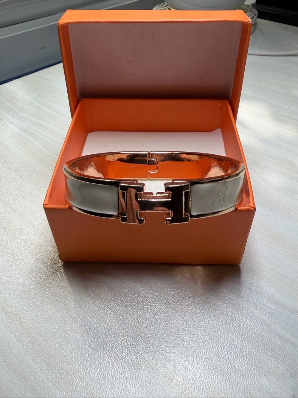 White Enamel and Rose Gold H-Style Cuff Bracelet